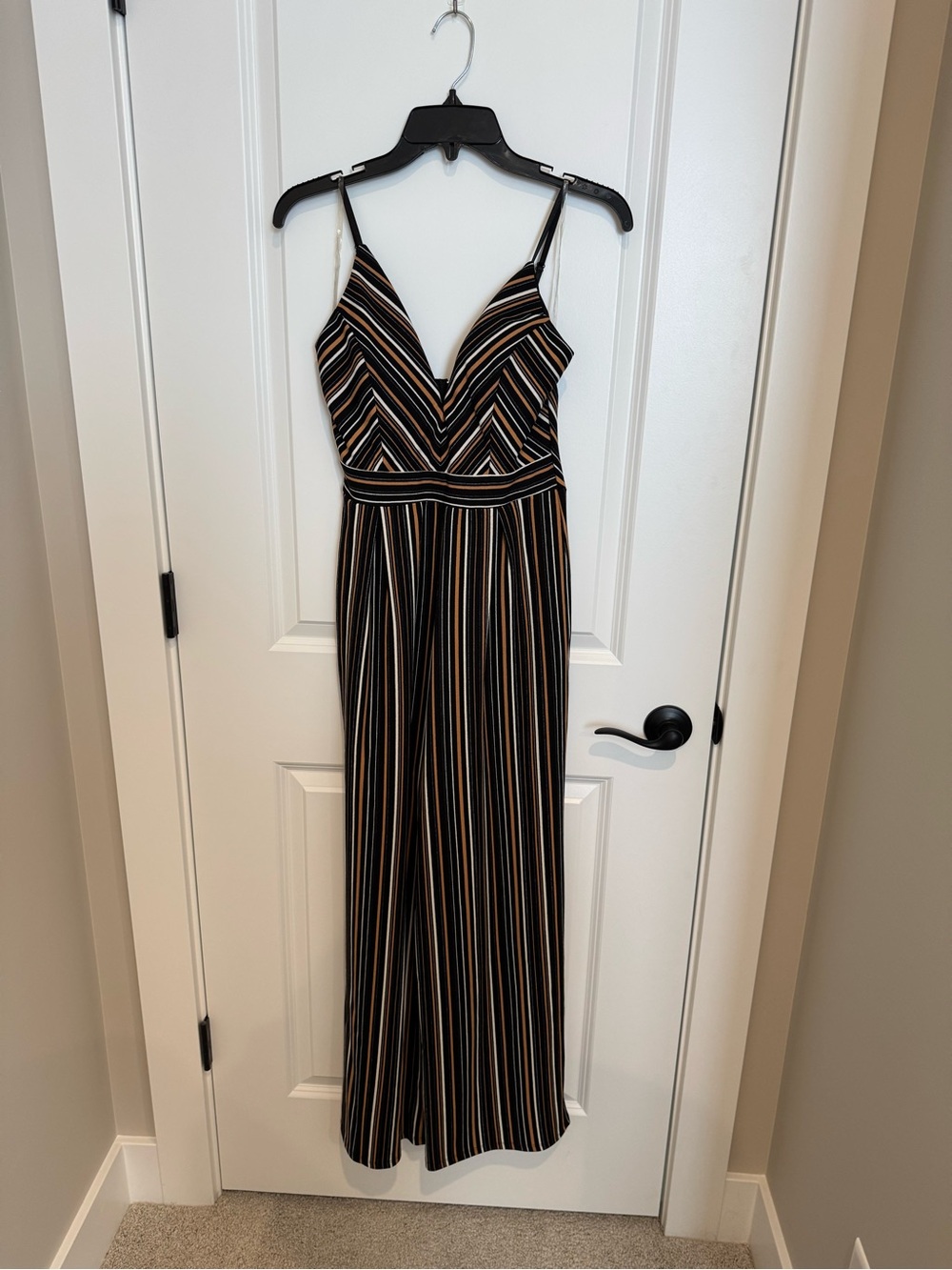 Emerald Sundae One-Shoulder Black Multi-Stripe Jumpsuit Dress